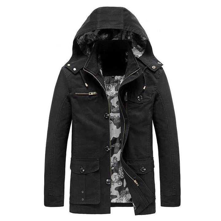 Herren mittellange Canvas-Fieldjacke mit Kapuze, Cargo‑Taschen und Camouflage‑Innenfutter Drune