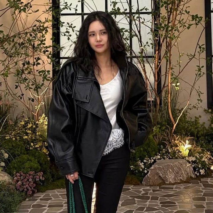 Damen Boxy-Lederimitat-Blouson mit strukturierter Narbung, doppelreihiger Knopfleiste & elastischem Saum Drune