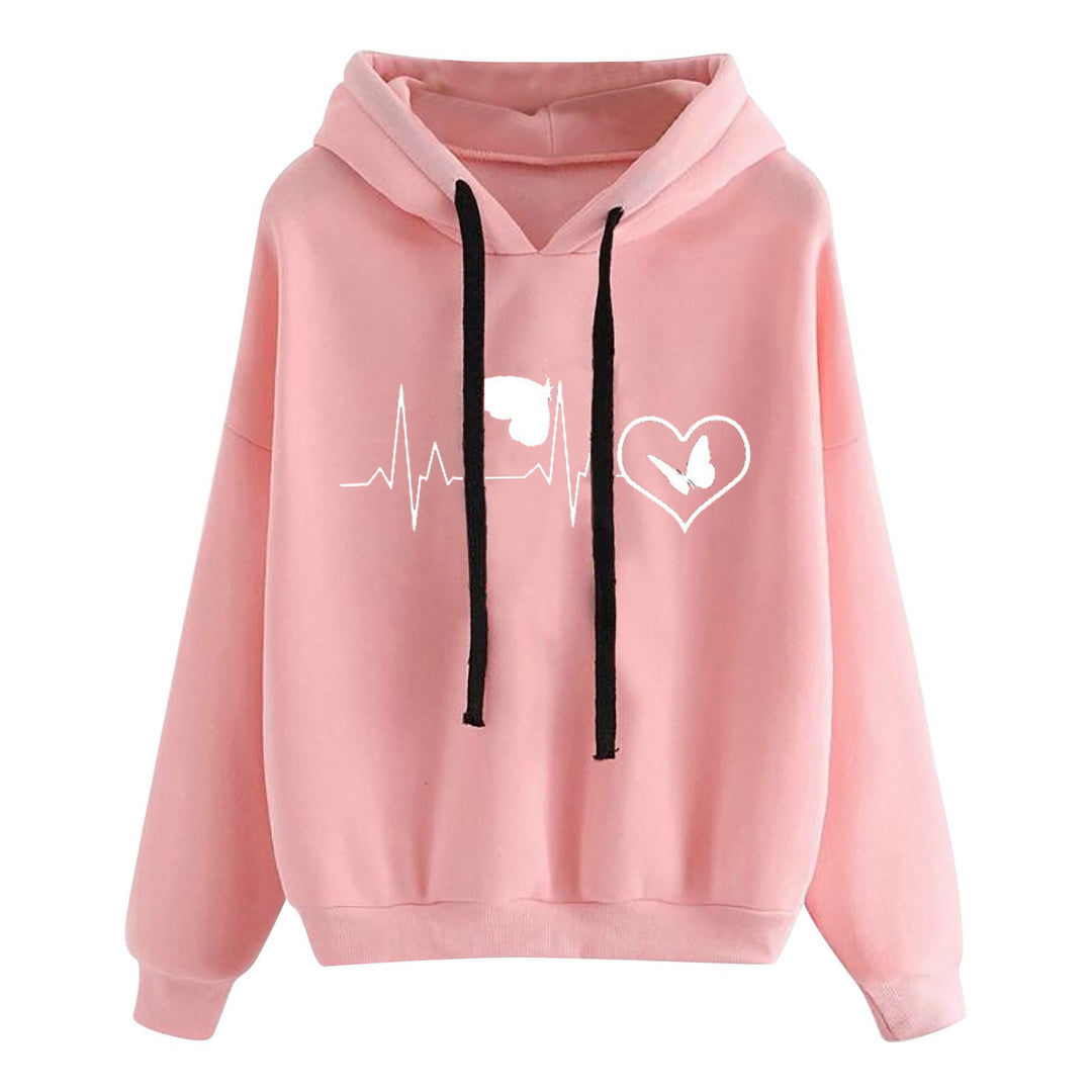 Damen nan leichter Oversize Kapuzenpullover mit Herz‑EKG‑Motiv, langen Kordeln und elastischem Bund Drune