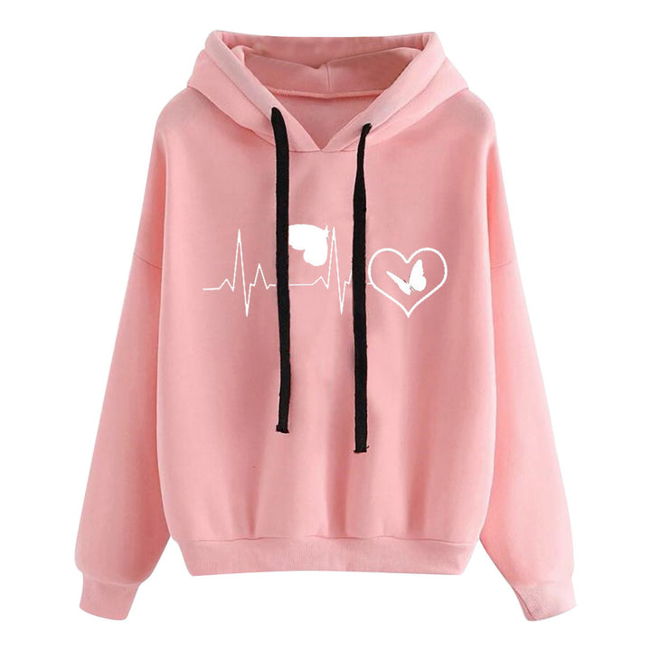 Damen nan leichter Oversize Kapuzenpullover mit Herz‑EKG‑Motiv, langen Kordeln und elastischem Bund Drune