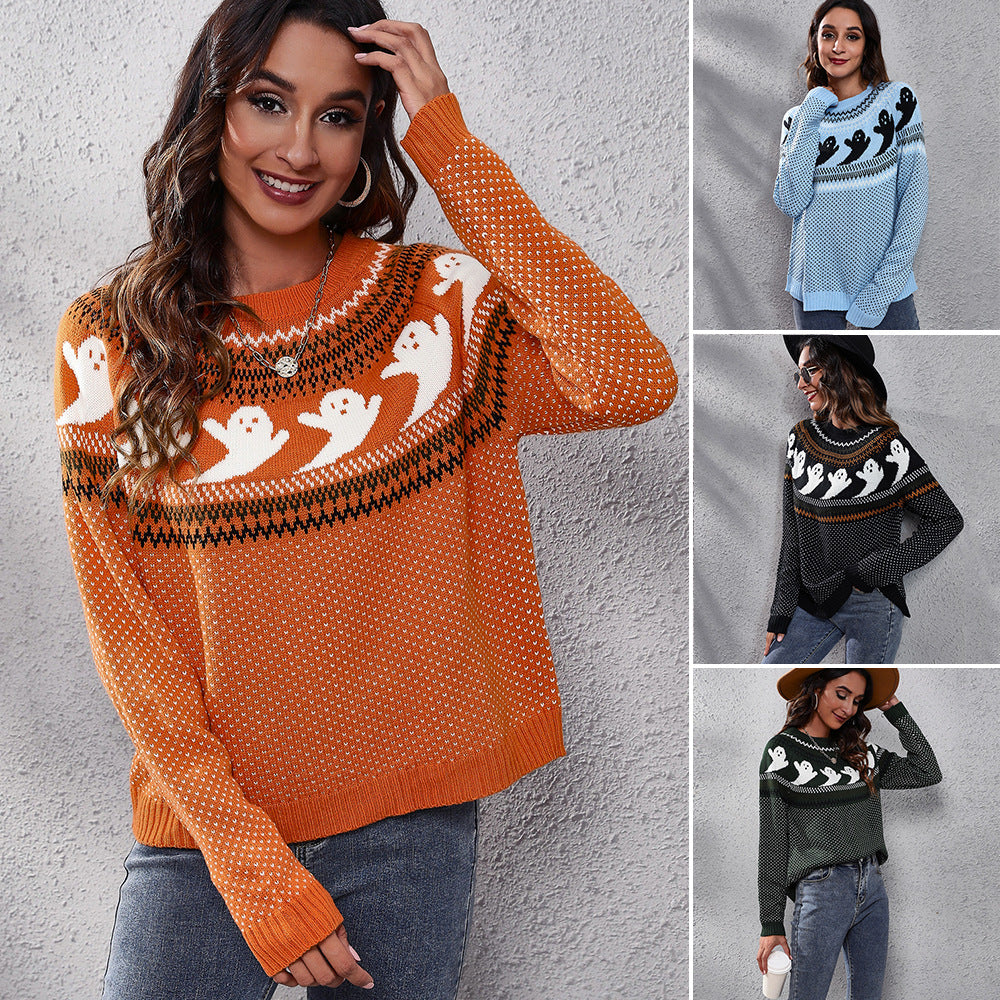 Damen Strickpullover mit gruseligem Geister-Motiv Drune