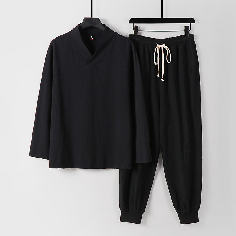 Herren Leichtes Kimono-Loungewear-Set aus Baumwollmix mit V‑Ausschnitt und elastischer Bündchenhose Drune