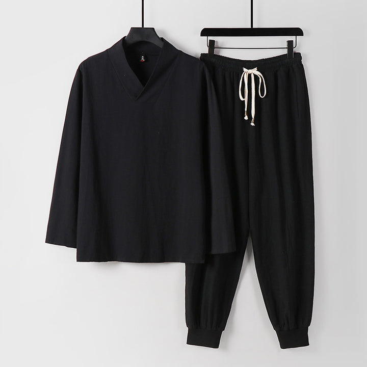 Herren Leichtes Kimono-Loungewear-Set aus Baumwollmix mit V‑Ausschnitt und elastischer Bündchenhose Drune