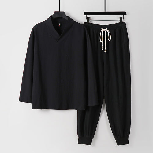 Herren Leichtes Kimono-Loungewear-Set aus Baumwollmix mit V‑Ausschnitt und elastischer Bündchenhose Drune