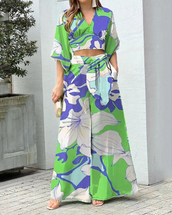Damen Zwei-Teiler Sommer Set mit Wickel-Crop-Top und Hochtaillierten Palazzo-Hosen EB