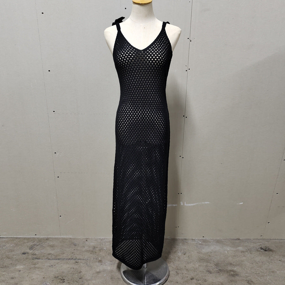 Damen gehäkeltes Strandkleid mit tiefem V-Ausschnitt und verstellbaren Trägern Drune