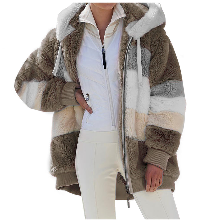 Damen nan oversized Kunstfelljacke mit Kapuze, Blockstreifen-Optik und zweifachem Reißverschluss Drune