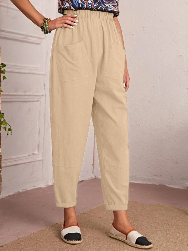 Damen bequeme Freizeithose mit elastischem Bund und großen Taschen Drune