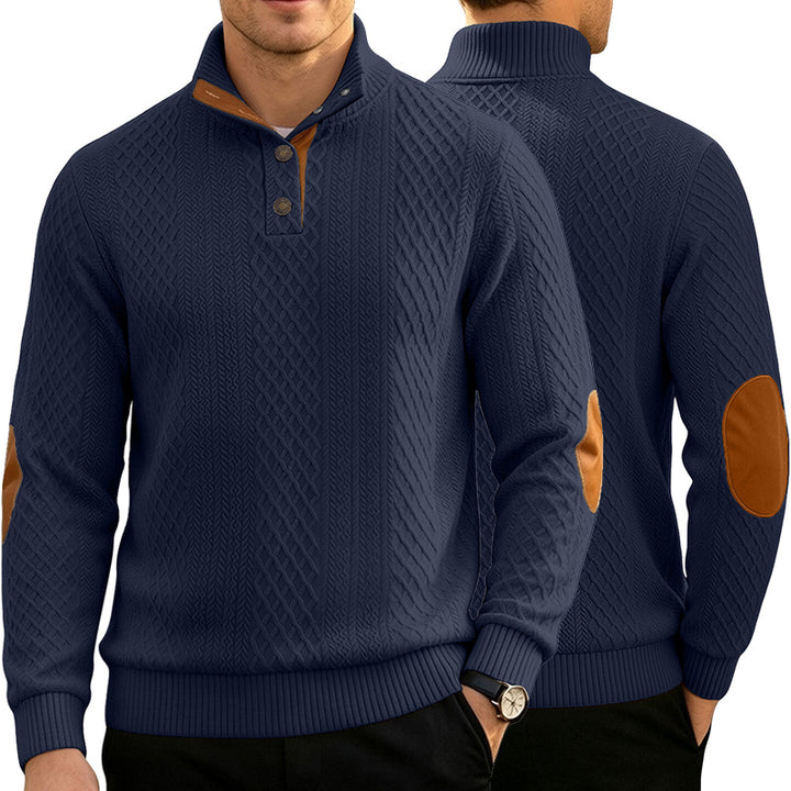 Herren Kabelstrick Troyer Pullover mit Stehkragen und Lederoptik-Ellbogen-Patches Drune