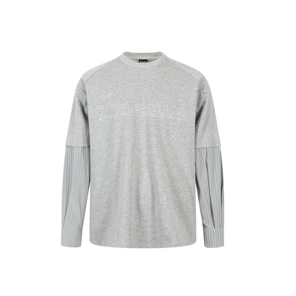 Unisex Lagen-Langarmshirt mit Halbarm-Overlay, gestreiften Einsatzärmeln und Ton-in-Ton-Logo Drune