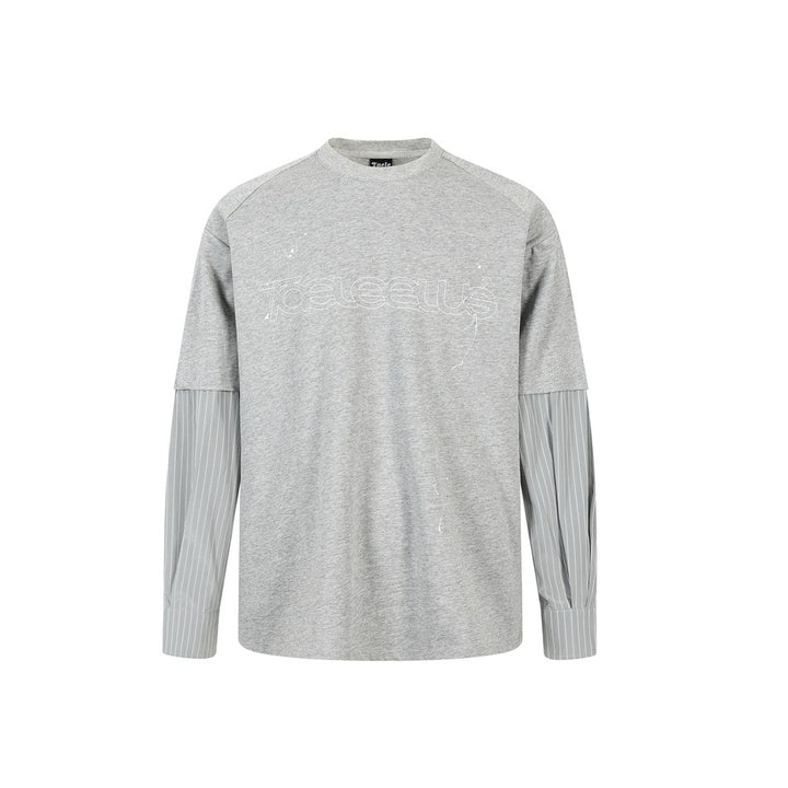 Unisex Lagen-Langarmshirt mit Halbarm-Overlay, gestreiften Einsatzärmeln und Ton-in-Ton-Logo Drune