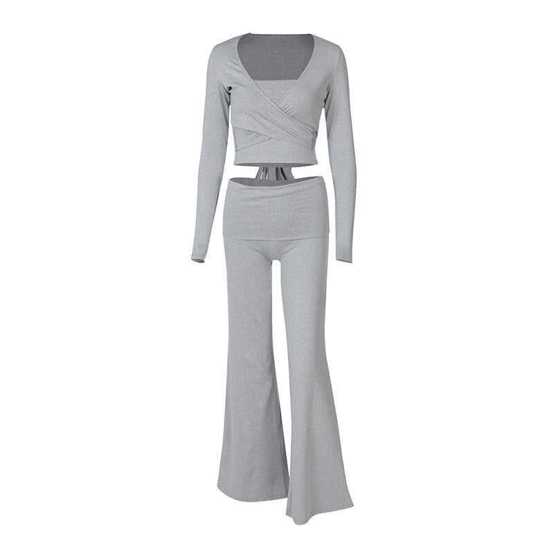 Damen modisches Two-Piece Set mit Wickeloberteil und Schlaghose Drune