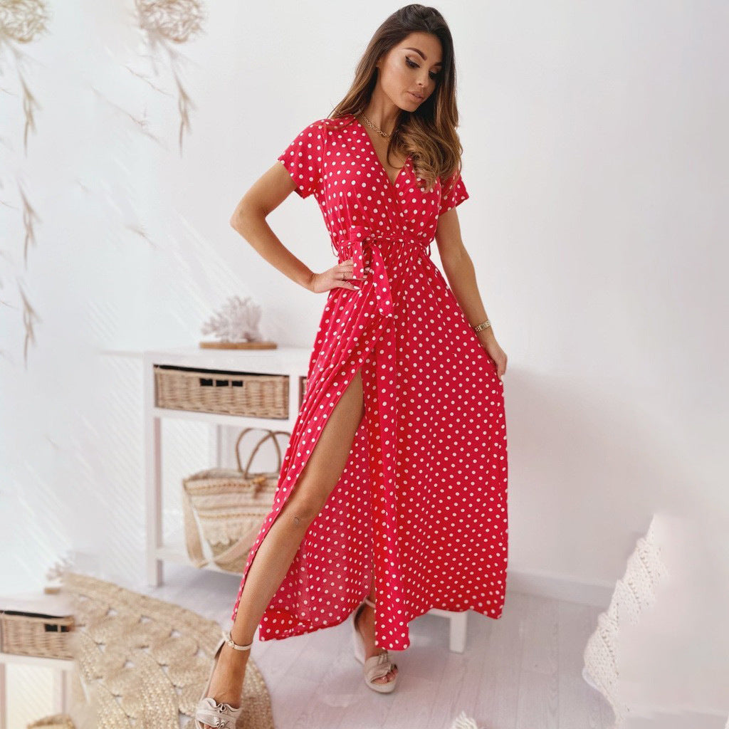 Drune | Gedrucktes Polka-Dot-Band Taille Maxi Kleid