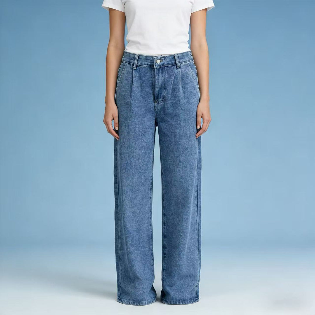 Damen nan hochgeschnittene Bundfalten-Weitbein-Jeans mit hohem Bund und Gürtelschlaufen Drune