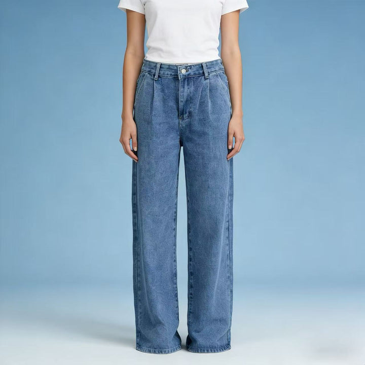 Damen hochgeschnittene weite Jeans im lässigen Stil mit eleganter Faltenlegung Drune