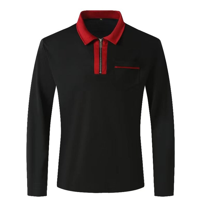 Herren nan elegantes Langarm-Poloshirt mit markantem Stehkragen Metall-Kurzreißverschluss und Brustleistentasche Drune