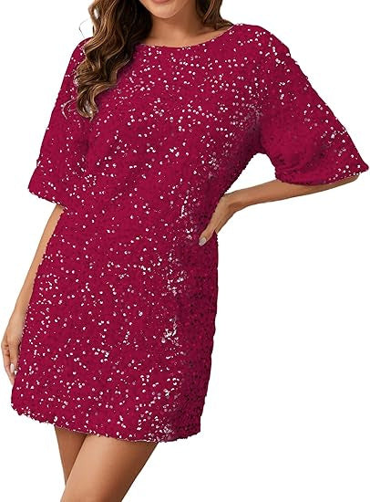 Damen Funkelndes Pailletten-Kleid mit lockeren Ärmeln und Rundhalsausschnitt Drune