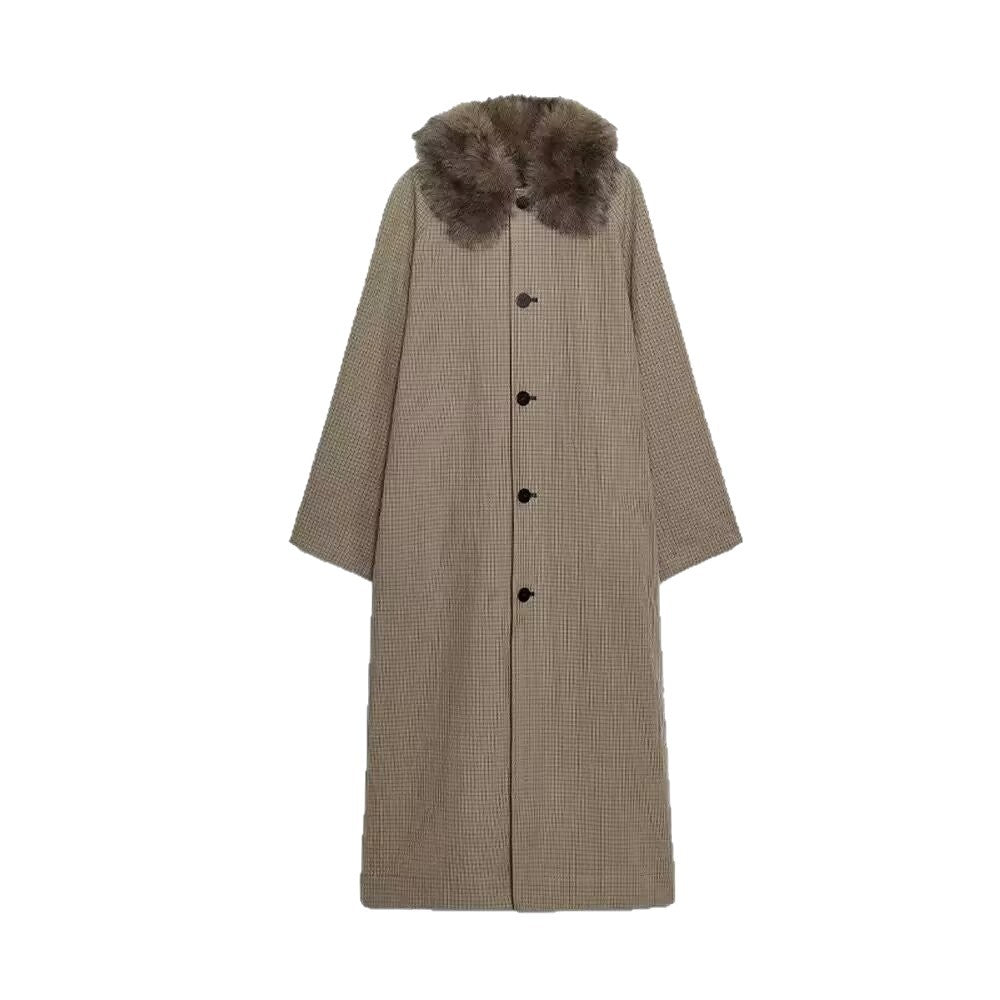 Damen Langer Glencheck-Mantel mit voluminösem Faux-Fur-Kragen und geradem Schnitt Drune