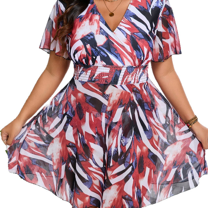 Damen Fließendes Strandkleid mit V-Ausschnitt und modischem Gummizug Drune