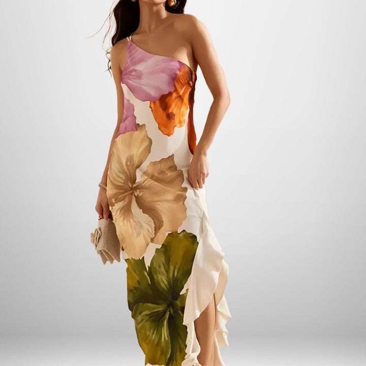 Damen Maxikleid mit Blumenmuster und asymmetrischem Ausschnitt Drune