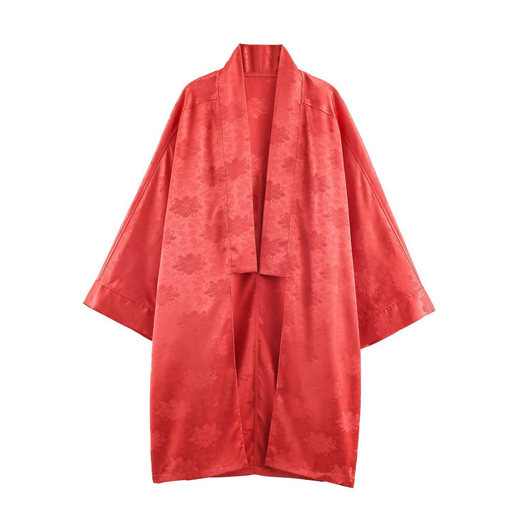 Damen Kimono-Wickelbluse aus Jacquard mit Federrüschensäumen Drune