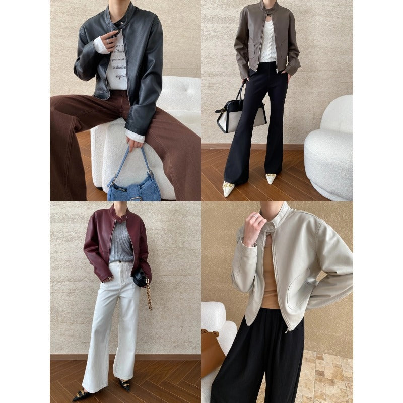 Damen Kunstlederjacke mit modernem Stehkragen und praktischen Taschen Drune