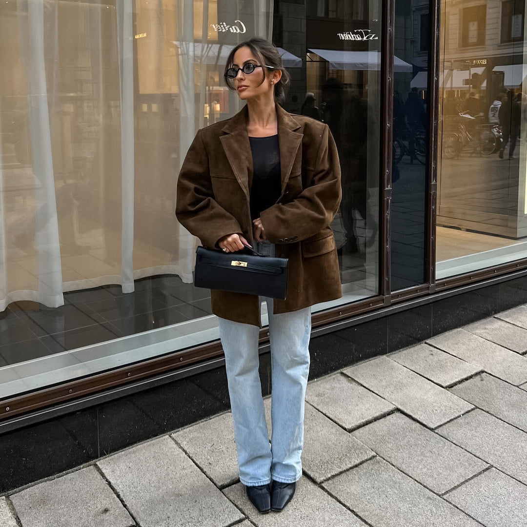 Damen Oversized Veloursleder-Blazer mit Revers und Pattentaschen Drune