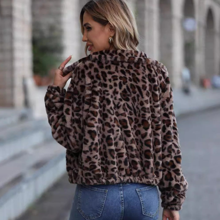 Damen kuschelige Fleecejacke im Leopardenmuster Drune