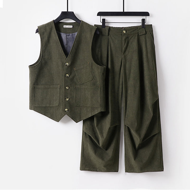 Herren Zweiteiliges Weste‑und Bundfaltenhose-Set im modernen Workwear-Stil Drune