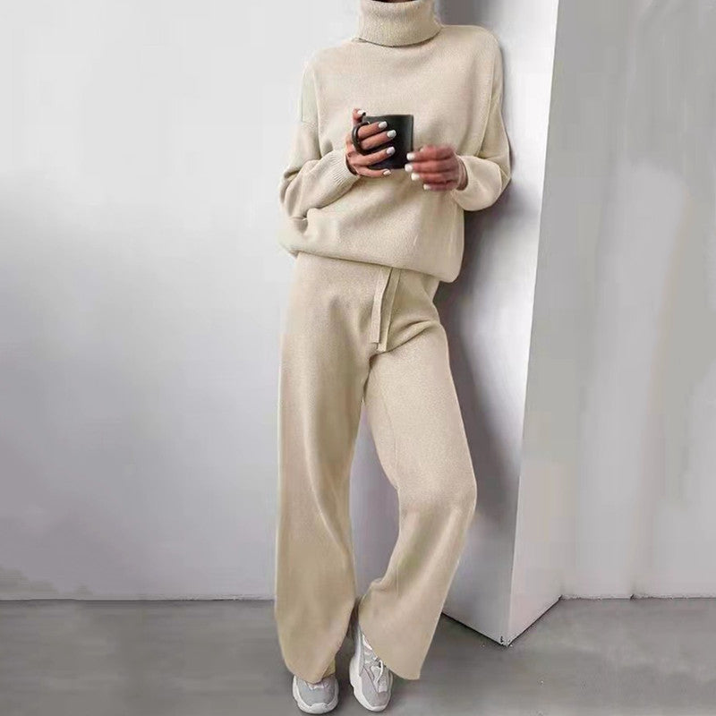 Damen elegantes Strick-Loungewear-Set mit hohem Kragen und weitem Bein Drune