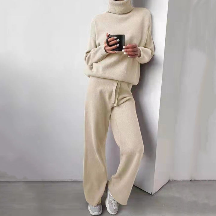 Damen elegantes Strick-Loungewear-Set mit hohem Kragen und weitem Bein Drune