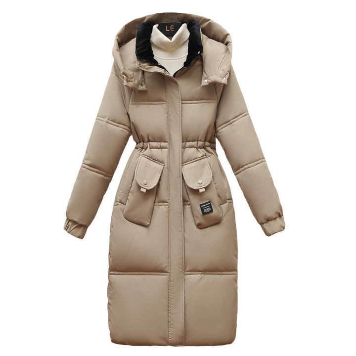 Damen Lange Pufferjacke mit abnehmbarer Kapuze und großen Taschen Drune