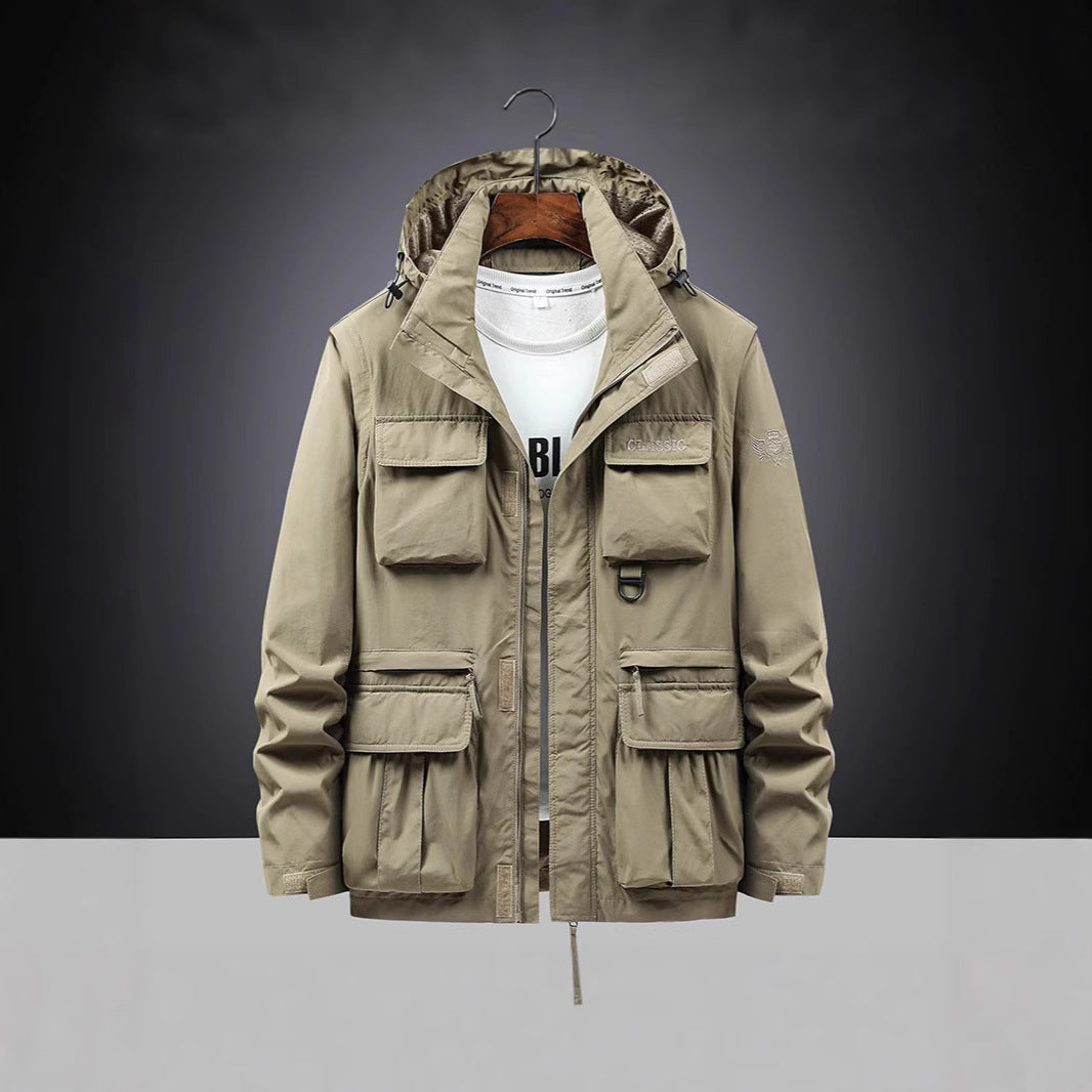 Herren Multifunktions-Fieldjacke mit Kapuzenkragen, Cargo-Taschen und D-Ring Drune