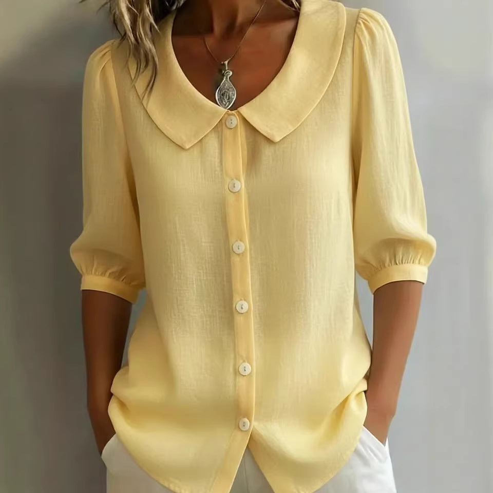 Damen Elegante Bluse mit großem Kragen und Knopfleiste Drune