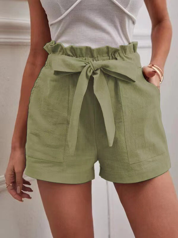 Damen Leichte Shorts mit dekorativem Bindegürtel und elastischem Bund Drune