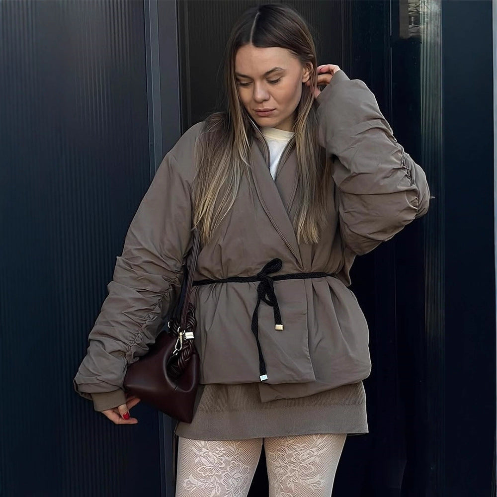 Damen lässige kurz geschnittene Jacke mit Taillengürtel und voluminösen Ärmeln Drune