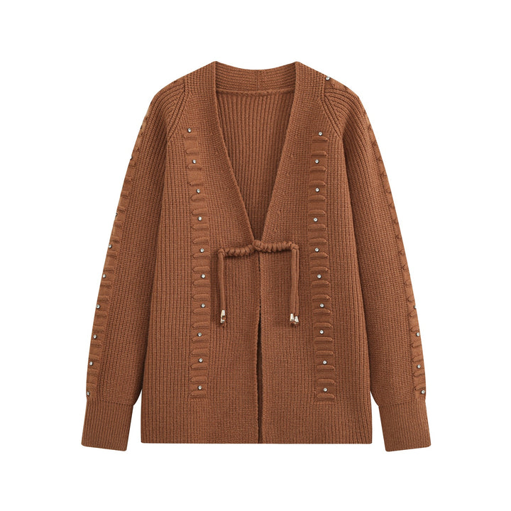 Damen Grobstrick-Cardigan mit Tunnelzug und Strassapplikation Drune