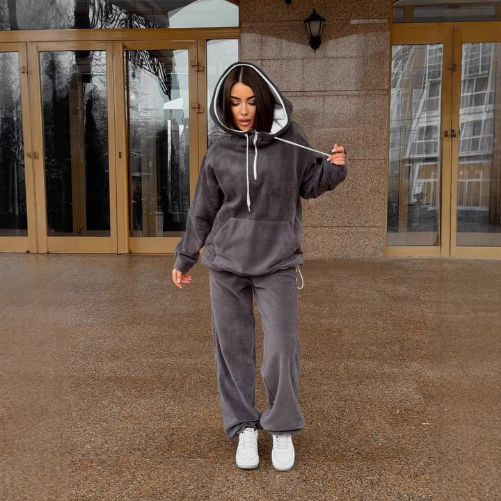 Damen Fleece-Loungewear-Set mit halbem Frontzip, gefütterter Kapuze und hochgeschnittener Komforthose Drune