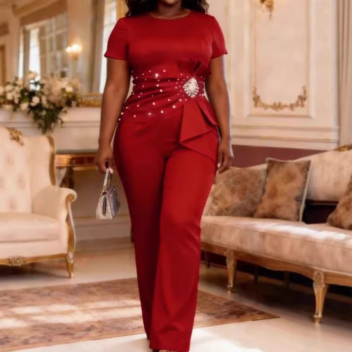 Damen eleganter Jumpsuit mit dekorativem Rüschen-Detail und Perlenakzenten Drune