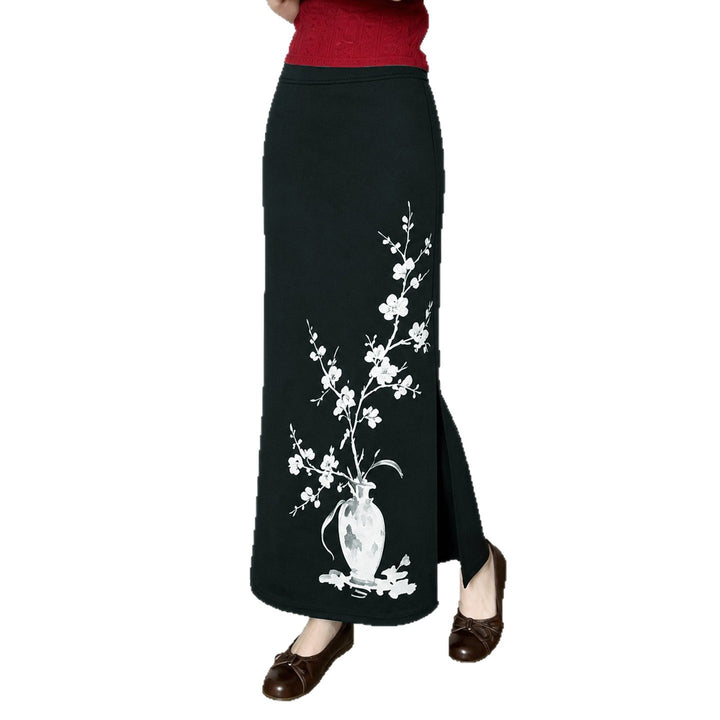 Damen Schlanker Maxirock mit künstlerischem Vase‑Blütenprint und seitlichem Schlitz Drune