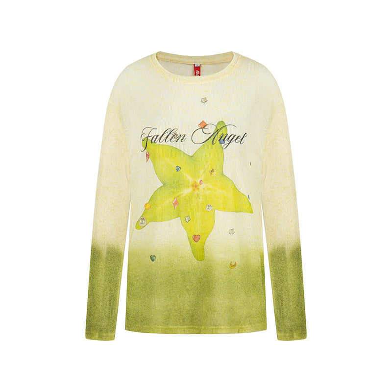 Damen Langarmshirt aus weichem Feinstrick mit Dip-Dye‑Gradient und Sternblüten‑Print Drune