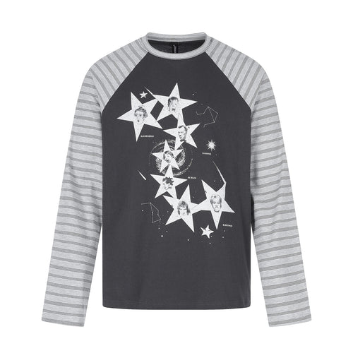 Herren Langarmshirt im Raglanstil mit großflächigem Stern-Print und gestreiften Ärmeln Drune