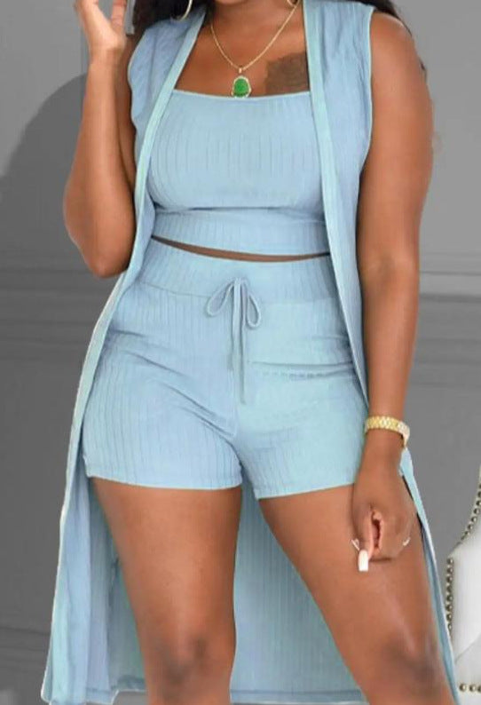 Damen lässiges 3-teiliges Set bestehend aus Crop-Top, Shorts und langem Cardigan Drune