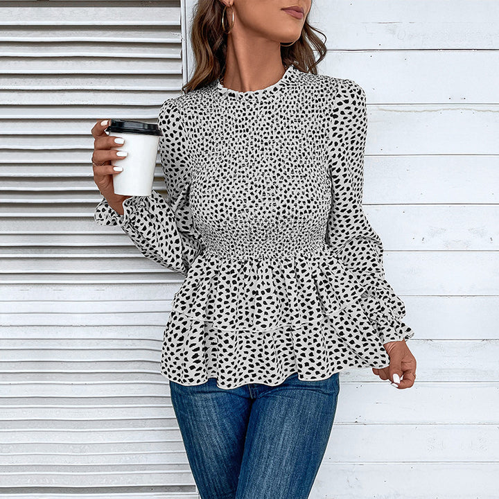 Damen Gesmokte Volant-Bluse mit Rüschen-Taille und langen Ärmeln Drune