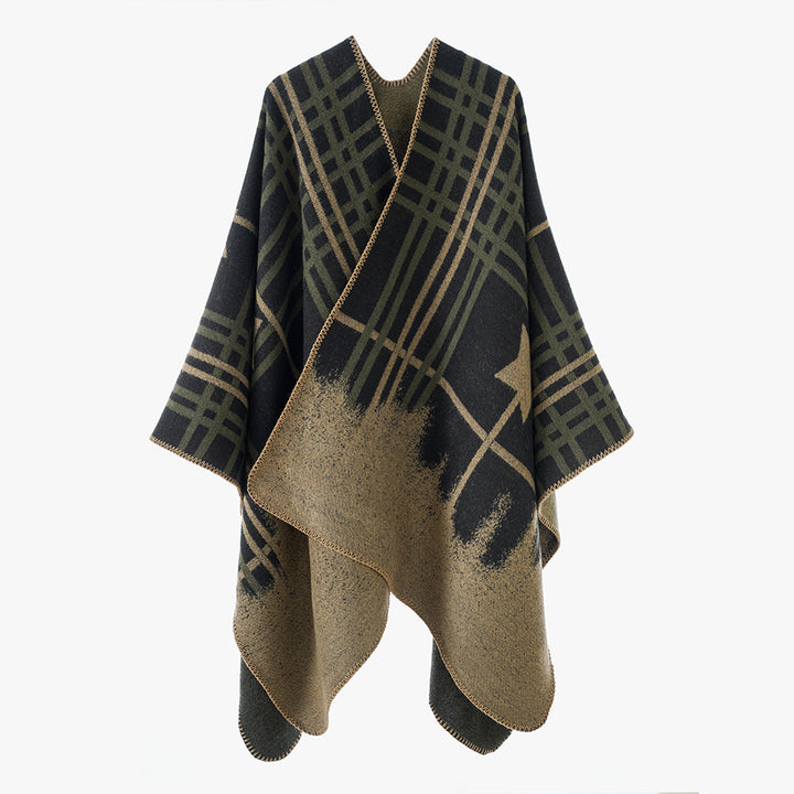 Damen Oversize-Capeponcho aus Wollmix mit Stern- und Karojacquard und weichfallendem Fall Drune