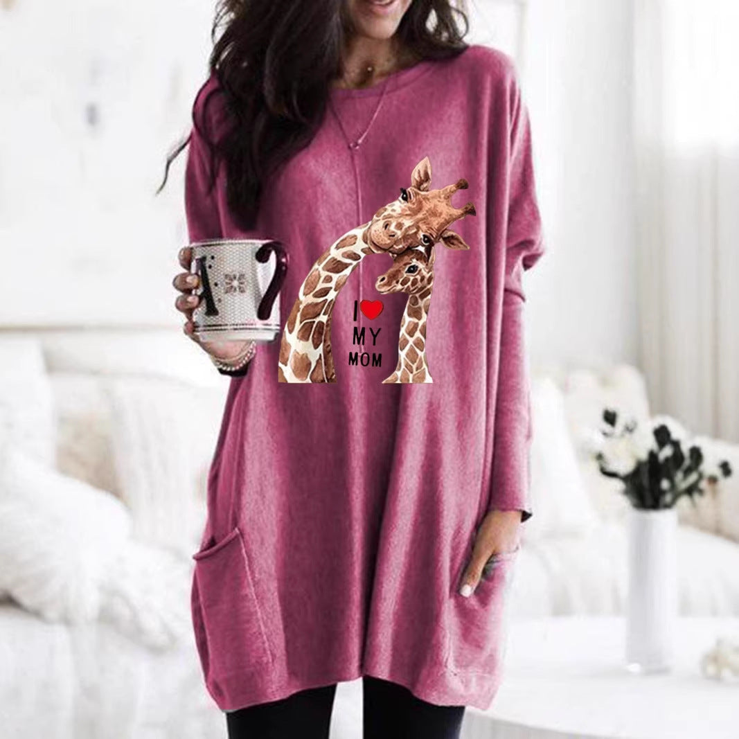 Frauen Übergroße Sweatkleid mit Giraffenmuster, Rundhalsausschnitt und Seitentaschen Drune
