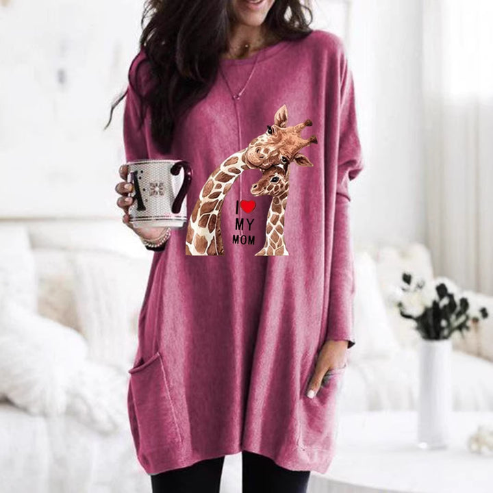 Frauen Übergroße Sweatkleid mit Giraffenmuster, Rundhalsausschnitt und Seitentaschen Drune