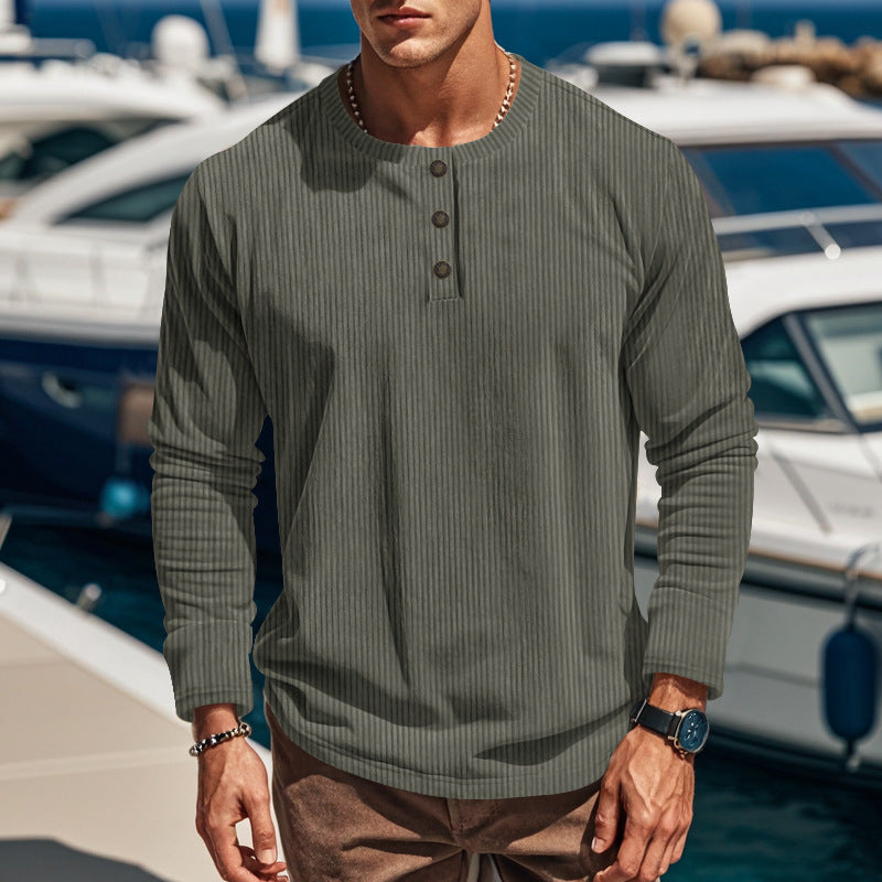Herren nan gerippter Langarm-Henleypullover mit kurzem Stehkragen und dekorativer Knopfleiste Drune