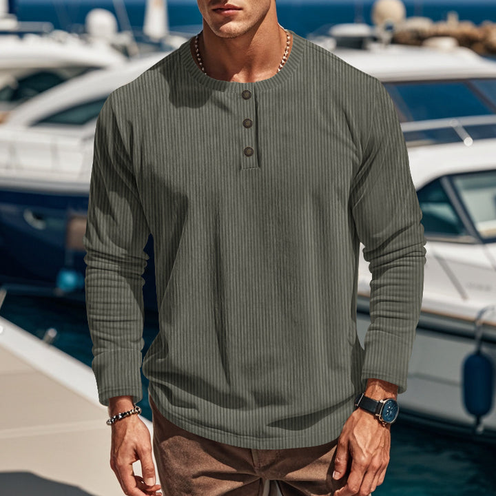 Herren nan gerippter Langarm-Henleypullover mit kurzem Stehkragen und dekorativer Knopfleiste Drune