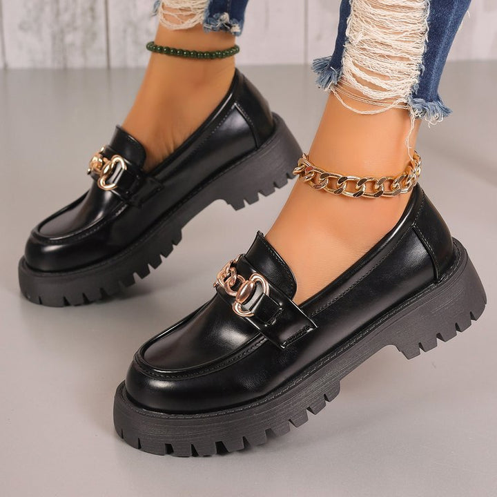Damen klobige Loafer im Leder-Look mit profiliertem Plateau und Gliederketten-Applikation Drune